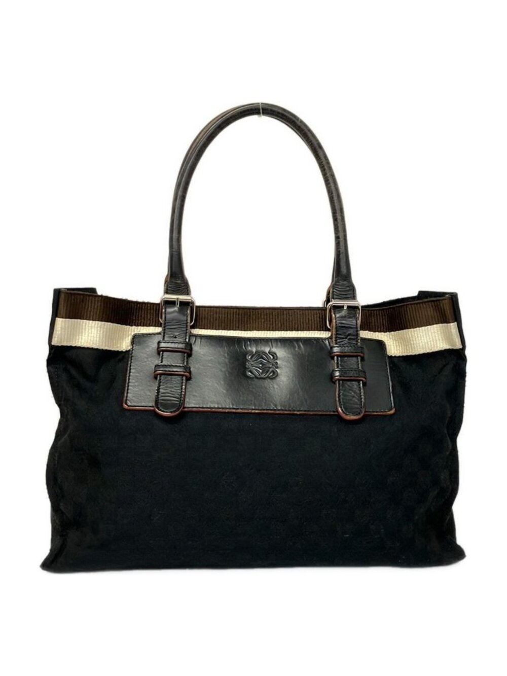 Loewe Tote Bag Anagram Pattern Black Dark Brown Ivory Leather